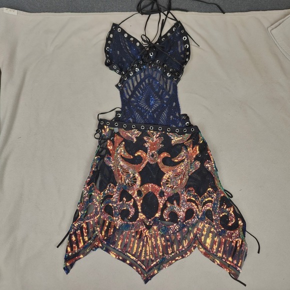 Disco Lemonade Lace Up Halter Dress Womens Medium Fairy Rave Sequin Pink Green - Picture 6 of 9